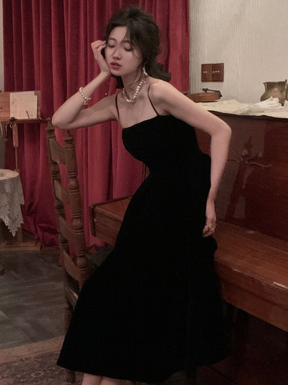 vmtvr Summer Women Elegant Spaghetti Strap Midi Black Velvet Dress Sexy Prom Evening Party Birthday Club Fashion Clothing