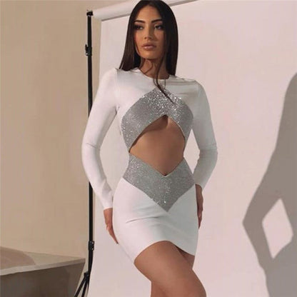 Sexy Cut Out CRYSTAL Bandage Dress Women White Long Sleeve Mini Bodycon Autumn Winter Elegant Party Club Femme Dress Vestidos