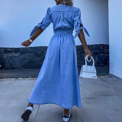 vmtvr  -  Spring Summer New Women's Clothing Fashion Sexy V-neck Long Button Denim Dress Long Maxi Loose Dress