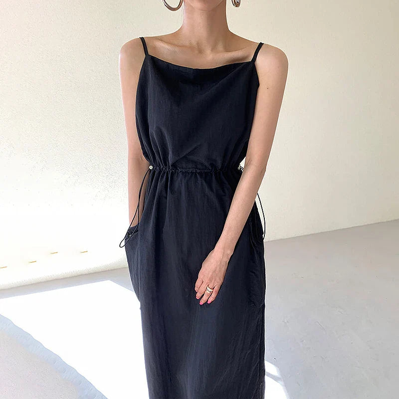 vmtvr  -  New Spaghetti Strap Long Dress Women Vintage Solid Drawstring Party Dress Summer Holiday Outfit