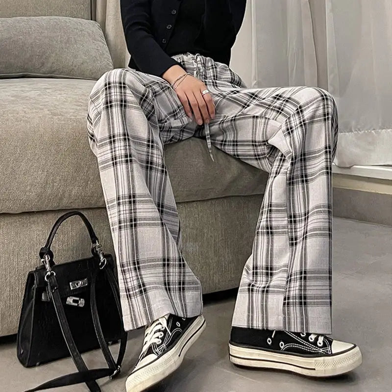 vmtvr Koreon Harajuku Casual Women Plaid Pants Spring Summer Thin Elastic High Waist Streetwear Fashion Loose Sports Straight Trousers