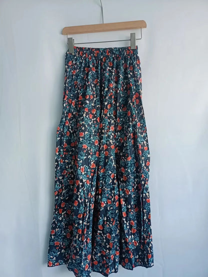 vmtvr 2000s Vintage Blue Flower Print Skirt for Women Summer New High Waist A-line Skirts Lazy All-match Mid-length Loose Faldas Mujer