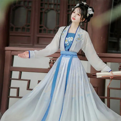 Hanfu Women Chinese Traditional Embroidery Stage Dance Dress Female Fairy Cosplay Costume Hanfu Gradient Blue&Green For Women