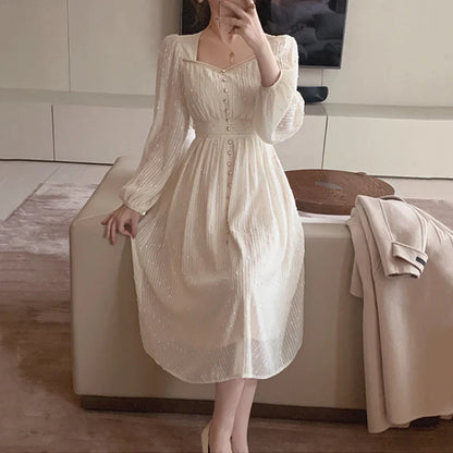 vmtvr  -  French Vintage White Midi Dresses Women Summer New Fashion Elegant Princess A-Line Clothes Long Sleeves Party Ladies Dress