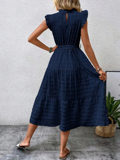 vmtvr  -  Ladies summer new fashion ruffled flying sleeves lace-up textured dress Office Lady dress