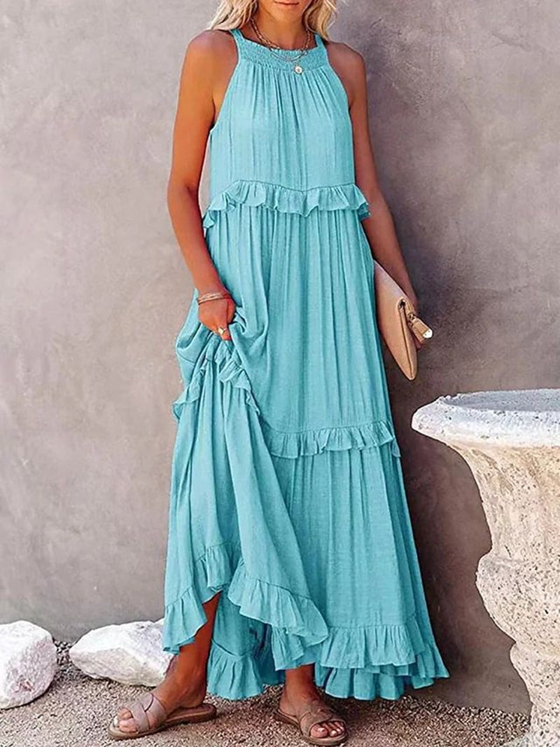 Summer Loose Long Dress Women Casual Elegant Ruffle Halter Sleeveless Female Party Outfits Beach Maxi Dresses Green Tie-Up Robe