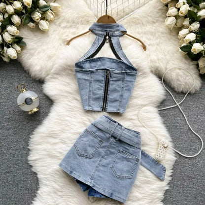 vmtvr  -  Denim Mini Skirt Suit Backless Hanging Neck Short Top Summer Denim Short Skirt Two Piece Sexy Streetwear Clubs Party Dresses New