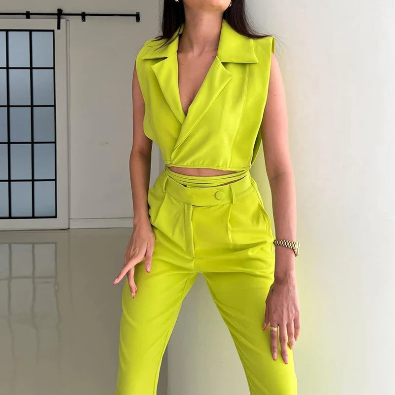 vmtvr New Summer High Street Slim Two Piece Set Ladies Elegant Commuting Party Outfits Casual Lapel Sleeveless Top and Long Pants Suit