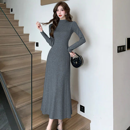 vmtvr New Vintage Knitted Sweater Midi Dresses for Women New Autumn Winter Half High Collar Thickened Elastic Ladies Slim Dress