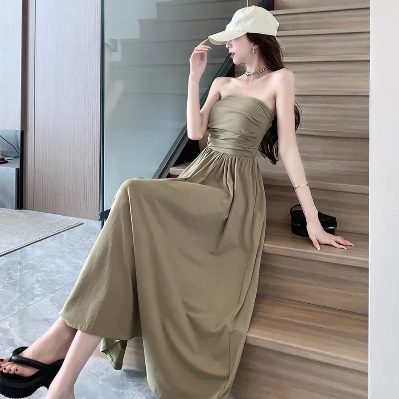 vmtvr  -  Midi Dresses for Women Summer New Modal Casual Female Clothes Sexy Sleeveless Sundress Pleated Korean Fashion Black Dress