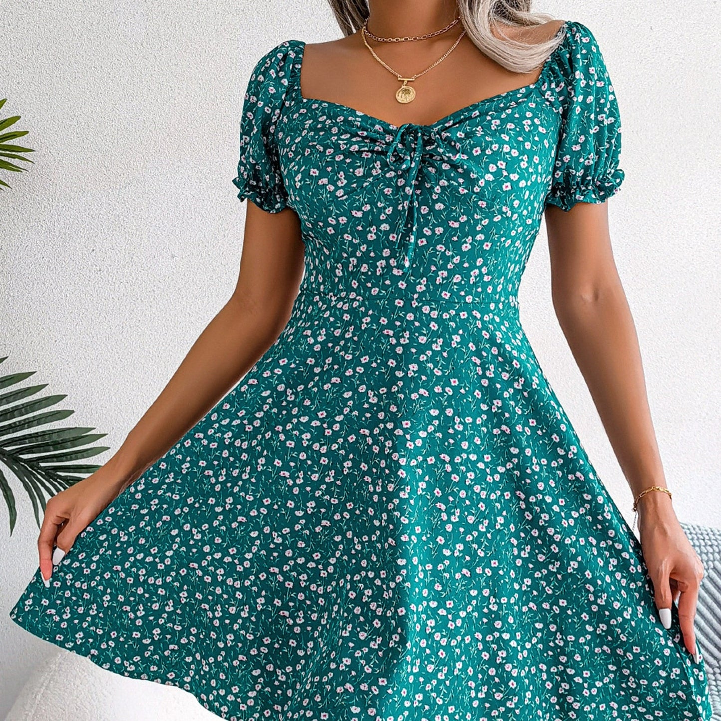 vmtvr - 2023 New Casual Short Sleeve Square Neck Lace-up Dress Retro Women Floral Printed Mini Dress Ladies Fashion Slim Office Dresses