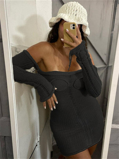 Off Shoulder Wrapped Chest Long Sleeve Dresses Female Skinny Casual Streetwear Vestidos Women's Knitted Solid Mini Dress