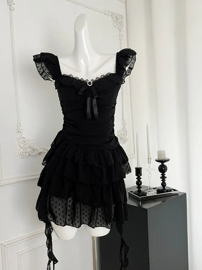 vmtvr  -  Black Chiffon Gothic Irregular Short Dresses Women Casual Beach Party Lace-up Slim Mini Dress Fairy Style Clothes Fashion Summer