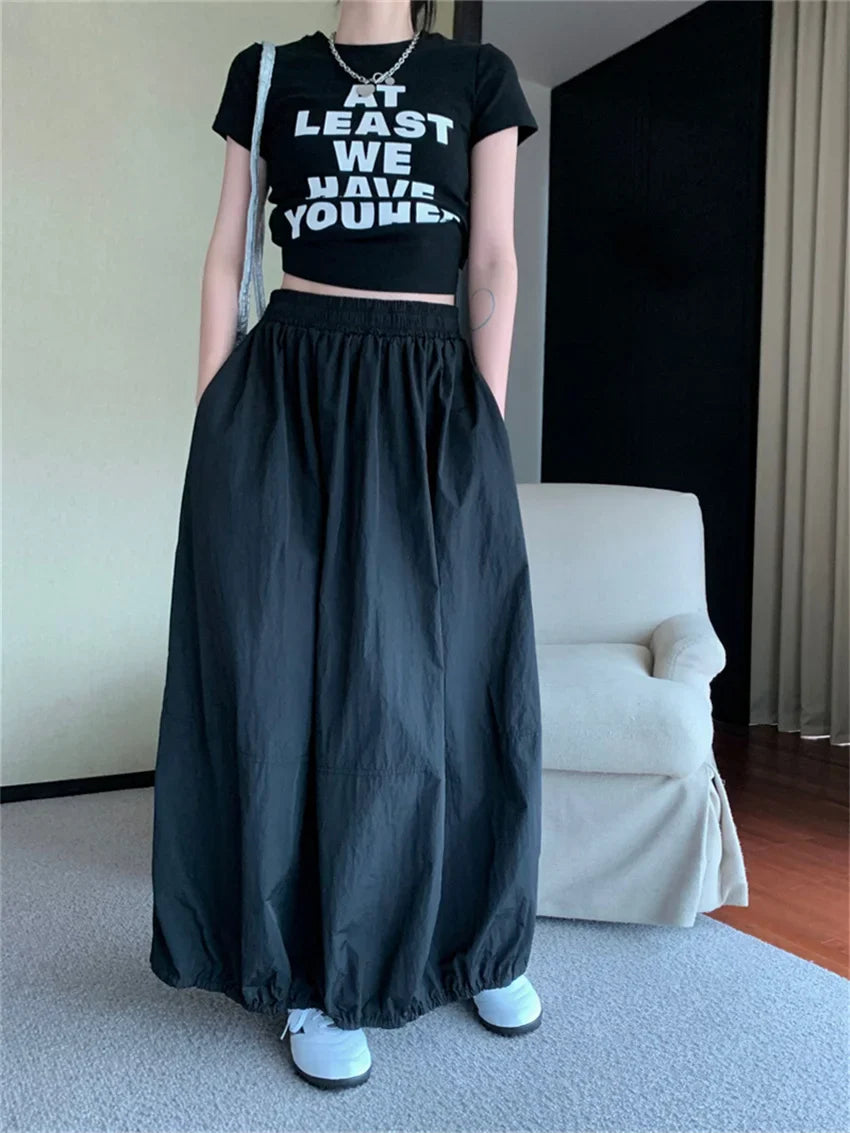 vmtvr New Design Solid Long Skirts Women Drawstring OL Pockets Stylish Summer High Street Vintage Loose Minimalist