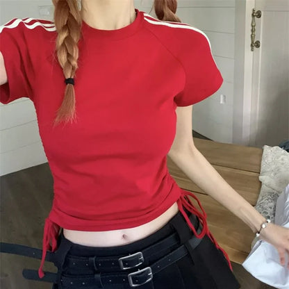 vmtvr Harajuku Summer Women Striped Short T-shirt Streetwear Fashion New Korean Clothing Drawstring Slim Basic Short Sleeve Crop Tops
