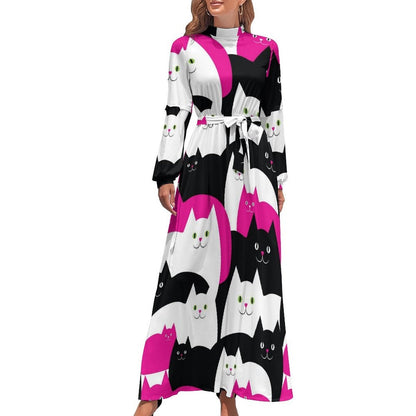 vmtvr - Cute Cats Print Dress Funny Animal Elegant Printed Maxi Dress High Waist Long-Sleeve Street Fashion Bohemia Long Dresses