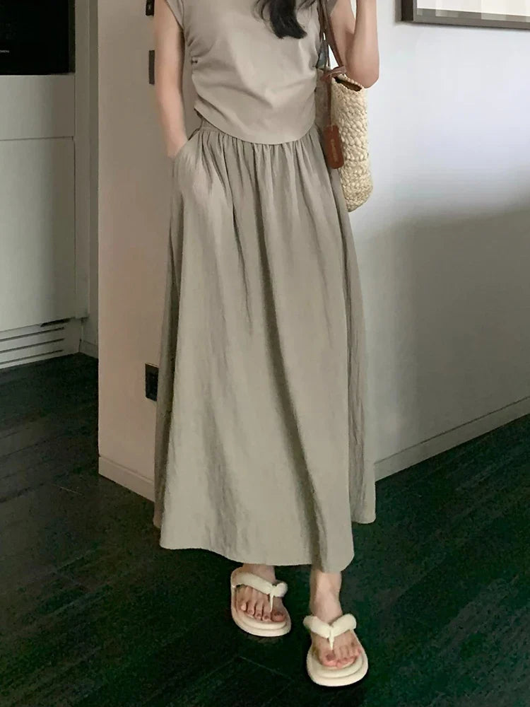 vmtvr Korean Fashion Women Wrinkle Skirt Harajuku High Waist A Line Mid Calf Skirt Summer Preppy Style Elegant Pockets Skirt New