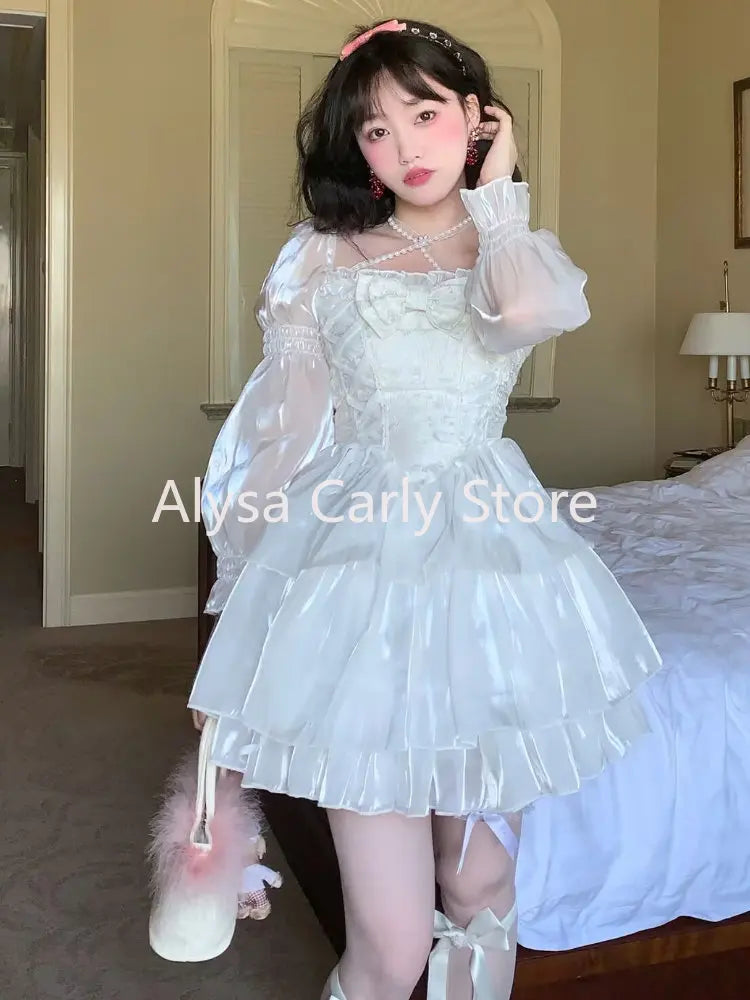 Japanese Sweet Fairy Lolita Dress Women White Mesh Elegant Princess Dress Female Bow Casual Evening Party Dress Summer 2024 Slim