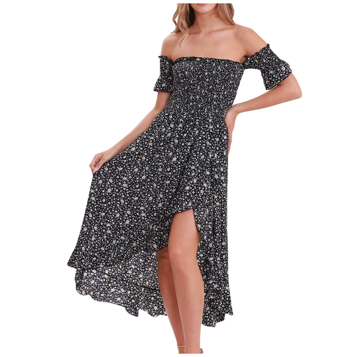 Summer Square Collar Print Dress Women Casual Short Sleeve Slim High Wasit Floral Off The Shoulder Dresses vestido feminino