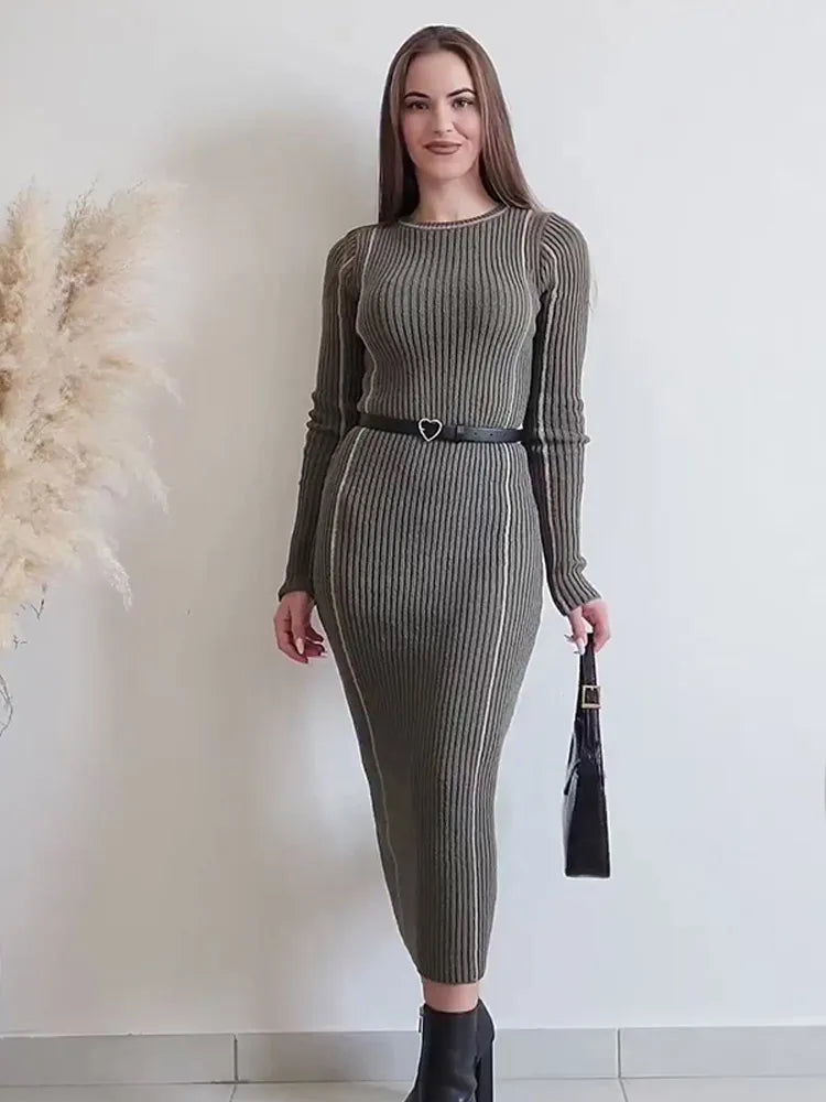 vmtvr Women Fashion Slim Piped Midi Knit Dress Casual Chic Round Neck Long Sleeved Dresses Autumn Winter Lady Elegant Vestidos