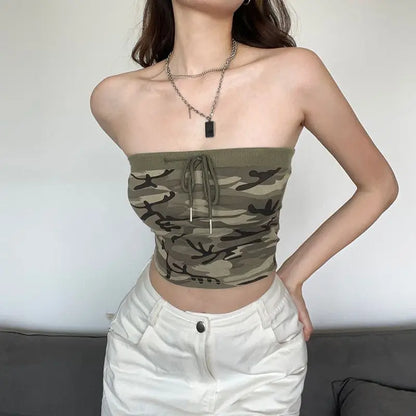 vmtvr Sexy Women Streetwear Camouflage Tanks Summer Fashion Vest Lace Up Off Shoulder Female Clothing Casual New Sleeveless Crop Tops