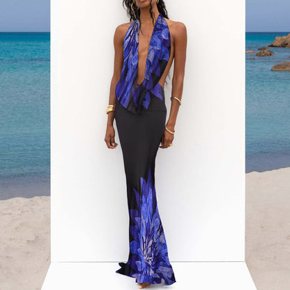 vmtvr Mesh See Through Beach Dress Women Blue Print Sexy Backless Maxi Dress Summer Elegant Halter Bodycon Long Dress Club Party