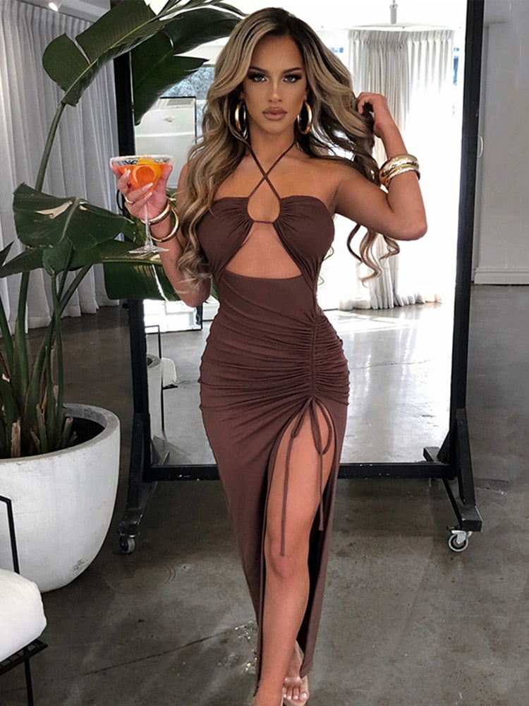 vmtvr - Hot Summer Sexy Halter Backless Sleeveless Cut Out Maxi Dress for Women Elegant Club Party Slit Dresses Vestido