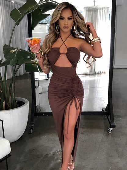 vmtvr Hot Summer Sexy Halter Backless Sleeveless Cut Out Maxi Dress for Women Elegant Club Party Slit Dresses Vestido