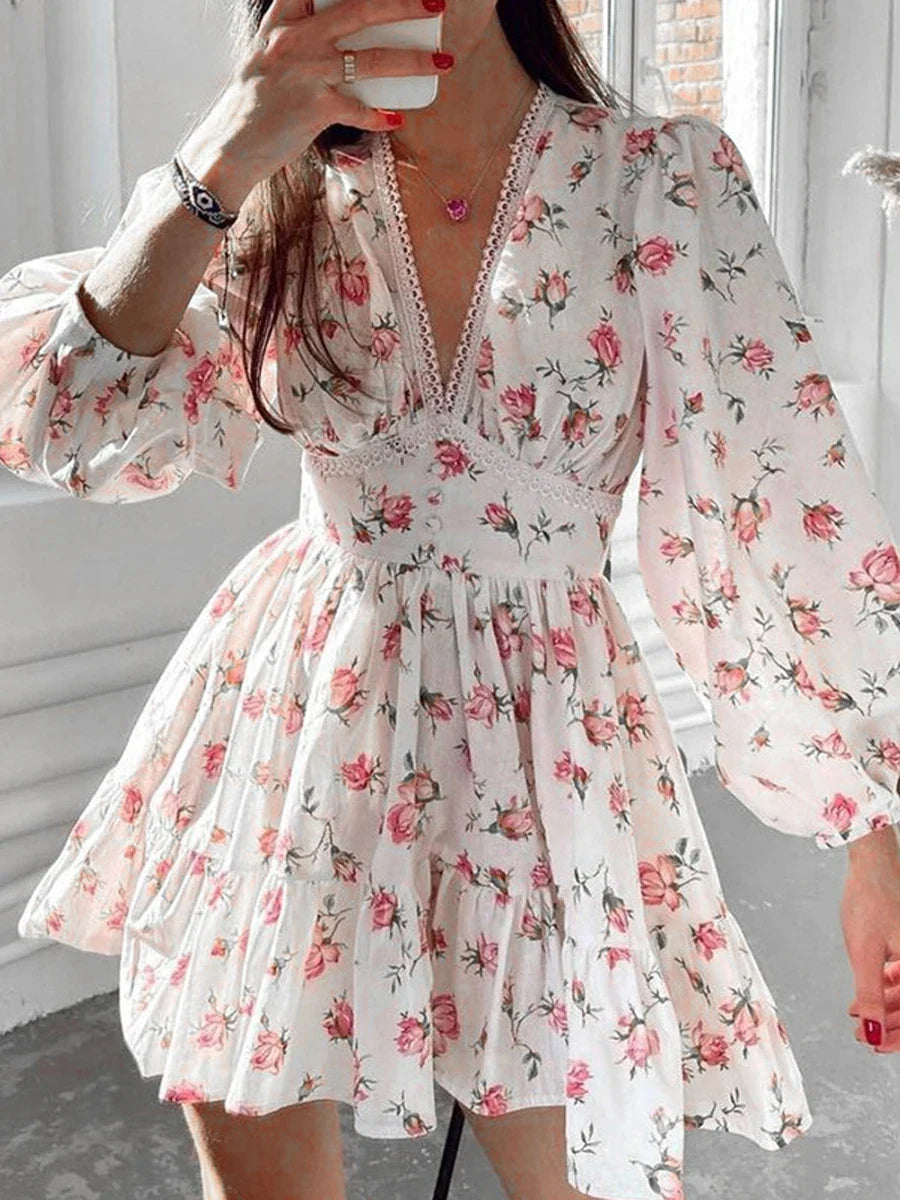 vmtvr Women Elegant Summer Dress Long Sleeve Floral Print Mini Dress Deep V Ruffle A-Line Fairy Flowy Swing Mini Dress