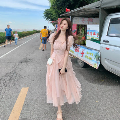 vmtvr  -  Summer Chiffon Fairy Dress Women Solid Elegant Party Midi Dress Female Casual Sweet Korean Fashion Pink Dress New Clothes