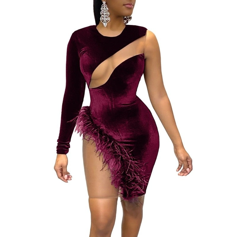 Velvet Christmas Dress Women Sexy Club Dresses Long Sleeve One Shoulder Mesh Patchwork Feather Short Red Bodycon Party Dress