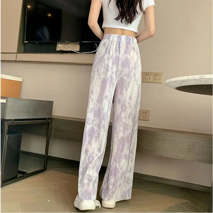 vmtvr Korean Fashion Women Tie Dye Pleated Wide Leg Pants Spring Summer Elastic High Waist Versatile Loose Straight Casual Trousers