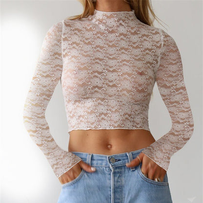 -Fall Outfits -Fall Outfits Long Sleeve Top  Sexy Women Lace Flower T-shirts Crop Tops Long Sleeve Mesh See-Through Solid Color Slim Fit Tees Shirts Clubwear