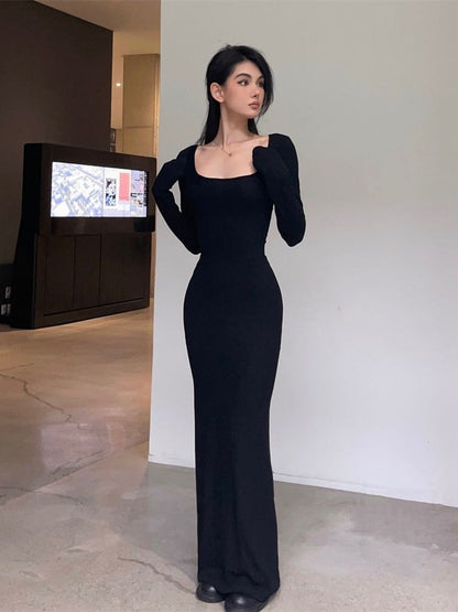 Y2K Sexy Black Dress Women Vintage Wrap Slim Bodycon Long Dresses Party Evening Square Collar  Fashion Spring Outfits