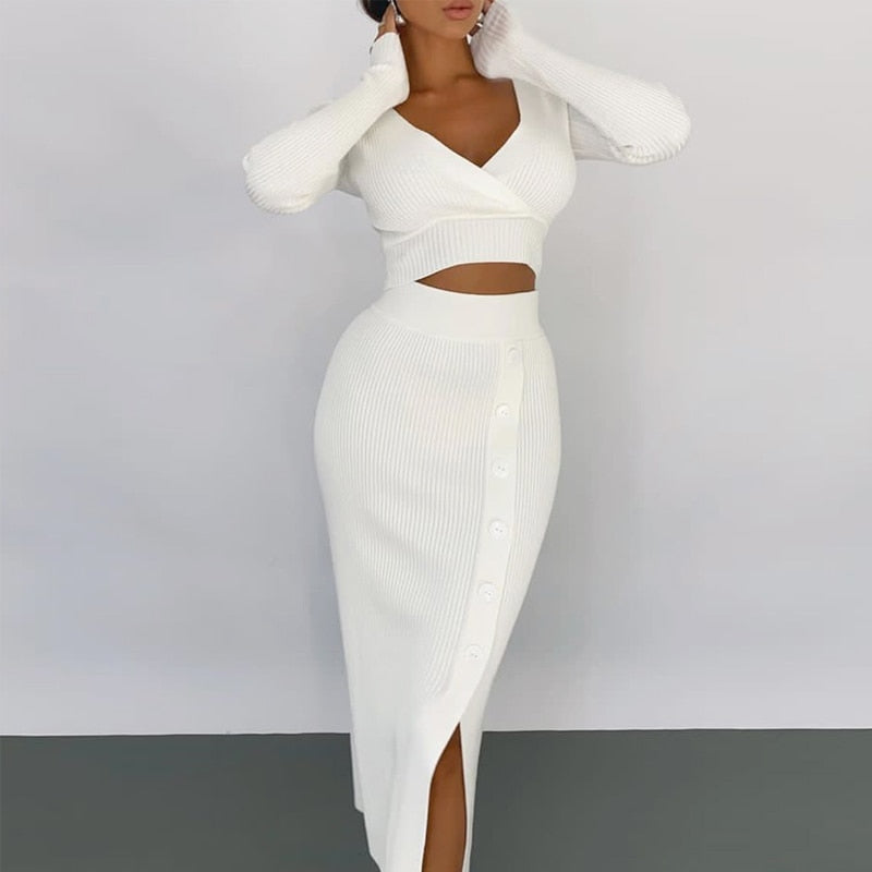 vmtvr Sexy Wrap Knit Suit V-Neck Long-Sleeve Crop Top + Button Slit Midi Skirt Elegant Outfits Socialite Casual Women Two Piece Sets