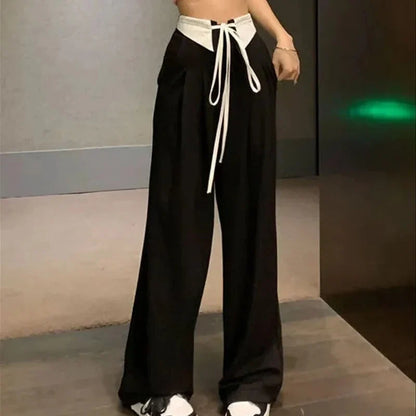 vmtvr Streetwear Women Suit Pants Summer Patchwork Black Loose Wide Leg Pants Y2K Fashion Female High Waist Bandage Trousers New