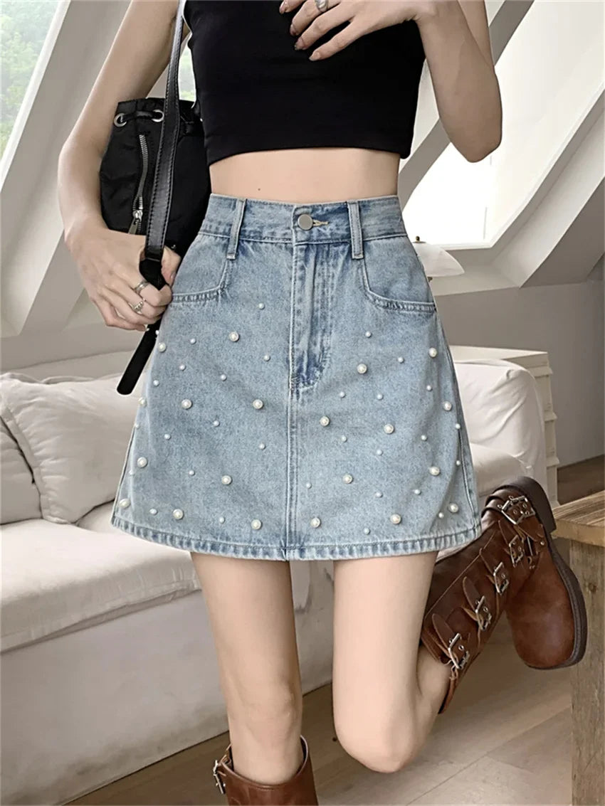 vmtvr Office Lady New Mini Skirts Women Summer OL Chic Pearls High Waist Sweet Denim Bodycon Streetwear Jeanswear