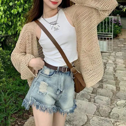 vmtvr Summer Hollow Out Knitwear Women Fashion Streetwear Long Sleeve Tops Korean Female Casual All Match Y2K Loose T Shirts New