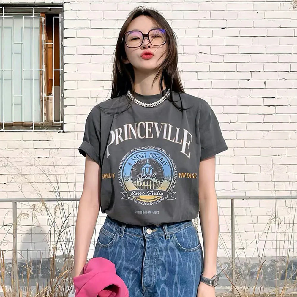 -Retro sports style outfit streetwear 90s fashion American Retro KPOP Dark Grey T Shirts For Female Short Sleeve Loose 100% Cotton Tops Tees 80s 90s Summer Street Cool Shirts