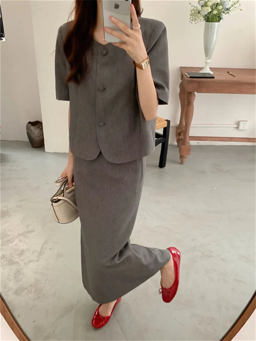 vmtvr S-M Chic Office Wear Suits Women Elegant All Match Short Sleeve Blazers Lady Slim Summer Straight Skirts Sets