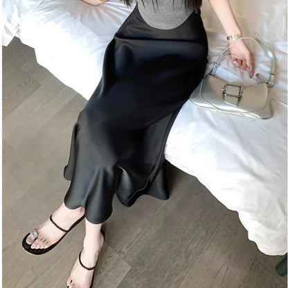 vmtvr Summer Satin Skirt 2024 Women's Long Skirt Silk High Waisted Slim Fashion Korean Solid Champagne Black Midi Skirts for Women