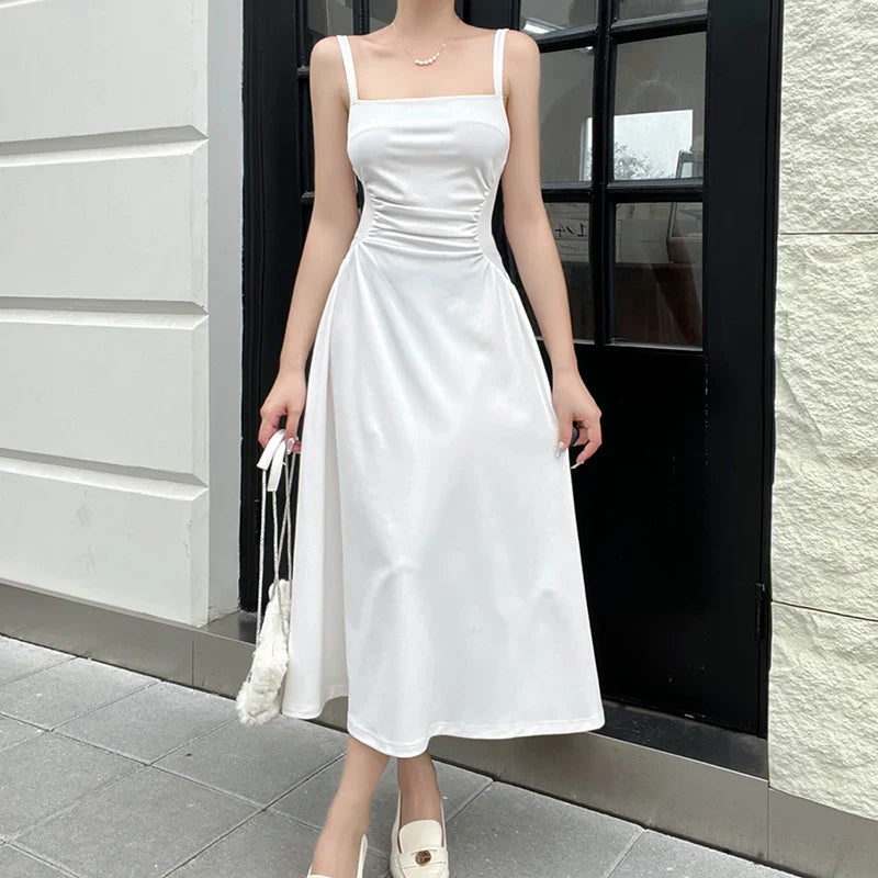 vmtvr Summer Elegant Casual A-Line Satin Midi Dress Women Sleeveless Vintage Party Birthday Vestidos Female Chic Solid Robe