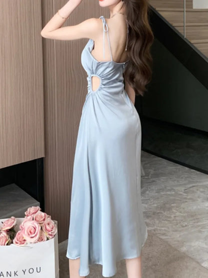 vmtvr Summer Sexy Spaghetti Strap Satin Party Dresses Women Fashion Vintage Bodycon Slim Birthday Vestidos Female Chic Solid Robe