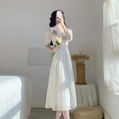 Vintage Lace Fairy Midi Dress Women 2024 Summer French Floral Elegant Party Princess Dress Ladies Party One-piece Dress Korean