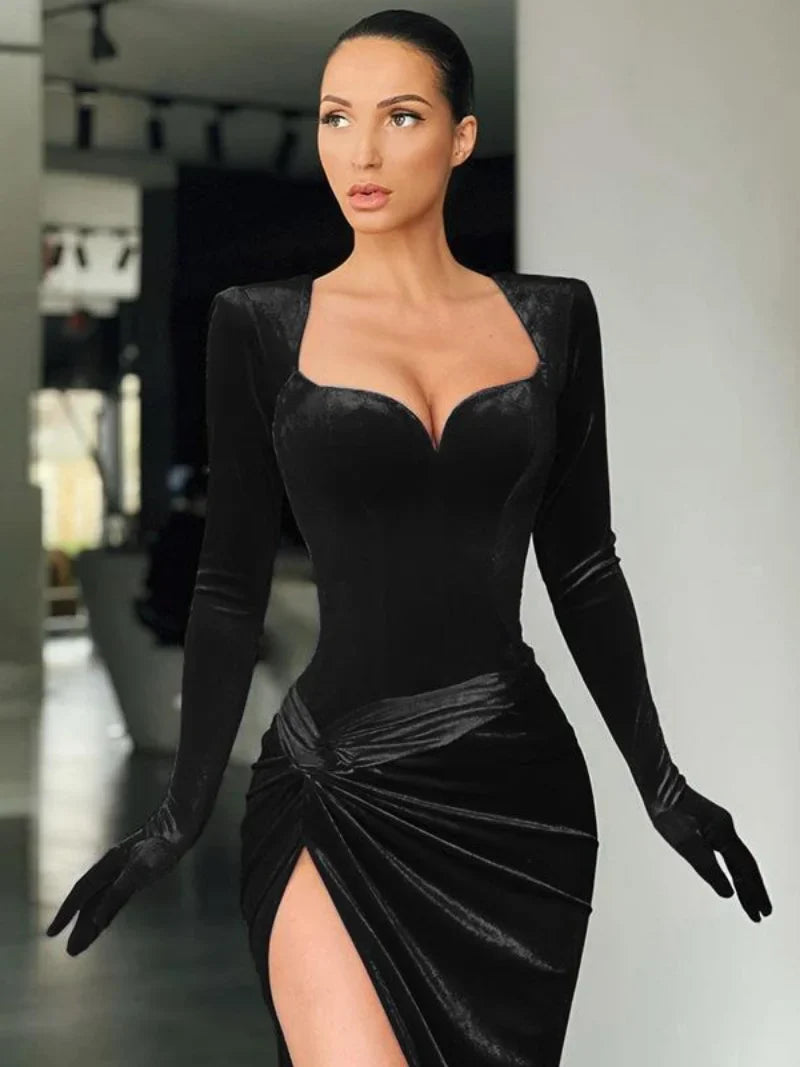 vmtvr  -  Luxury Pretty Women's Floor-length Evening Dress Autumn Winter Long Sleeve Gloves Tunics High Slit Long Maxi Party Prom Dresses