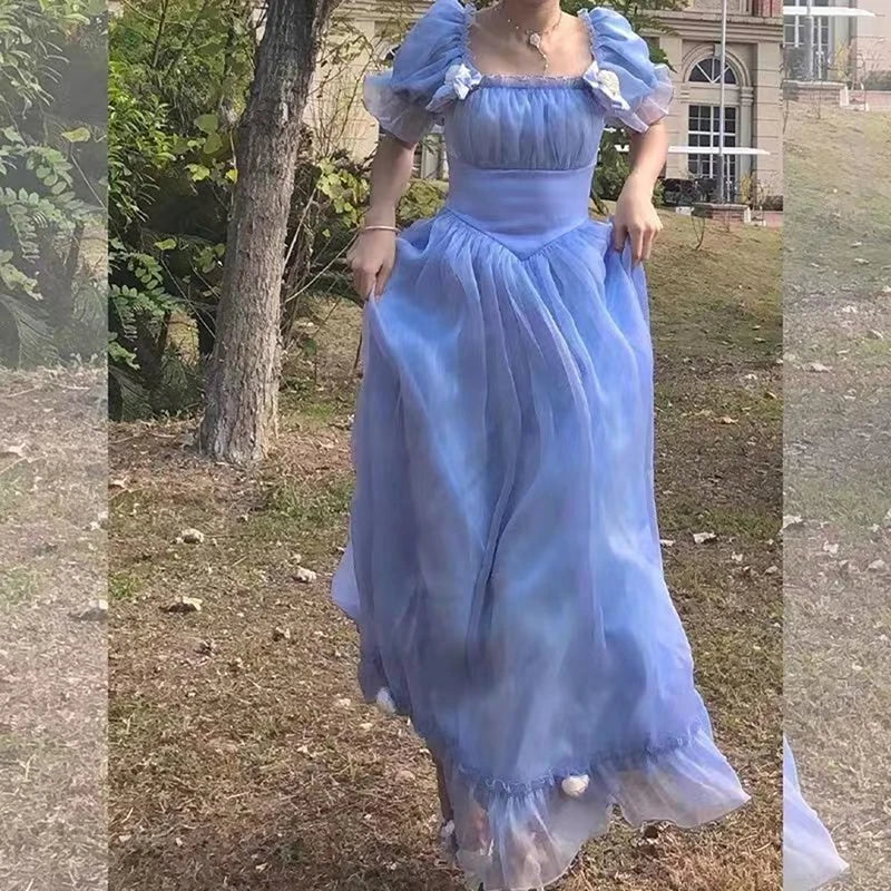 vmtvr  -  Elegant Vintage Women's Dress Fairy France Blue White Casual Retro y2k Party Midi Evening Dresses Sweet New Korean Princess