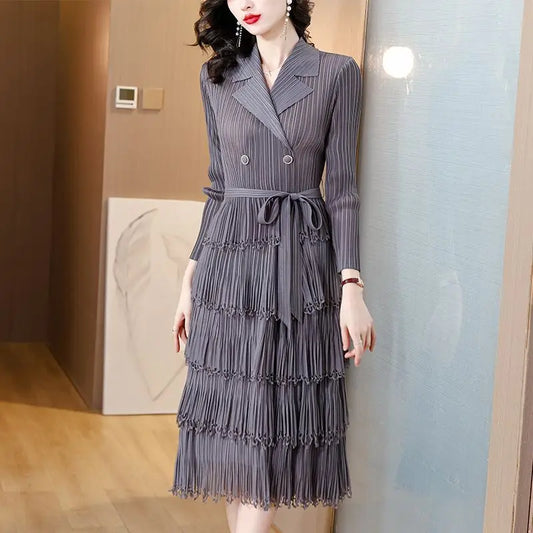 vmtvr Pleated Dress Autumn Winter New Notched Long Sleeved Slim High Waist Multilayer Cake Long Dress Ladies Party Robe