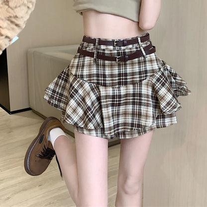 vmtvr High Waist Women Plaid Skirts Korean Fashion Belt Ruffle Mini Skirts Y2K Female Streetwear A Line Pants Skirts Summer New