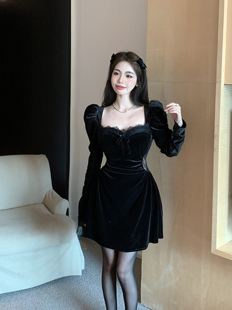 vmtvr - Gothic Vintage Balck Long Sleeve Dress Woman Elegant Fashion Velvet Midi Dress Korean Style Even Party Dress Casual  Spring