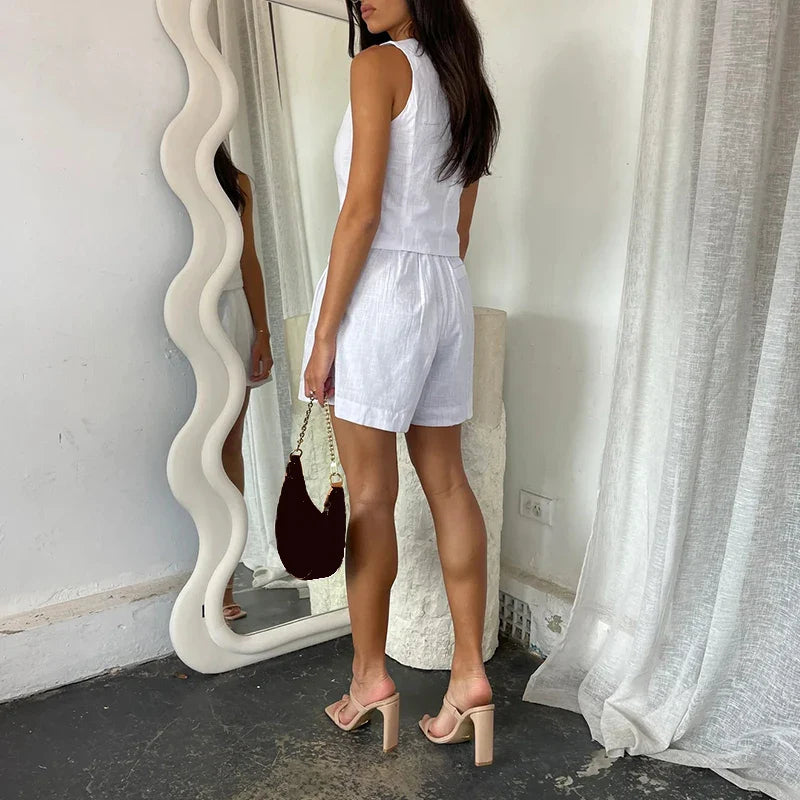 vmtvr New Spring Solid Two Piece Suit Casual Single Breasted Vest Suit Coat & Pocket A-Line Shorts Women Set Summer Sleeveless Outfits